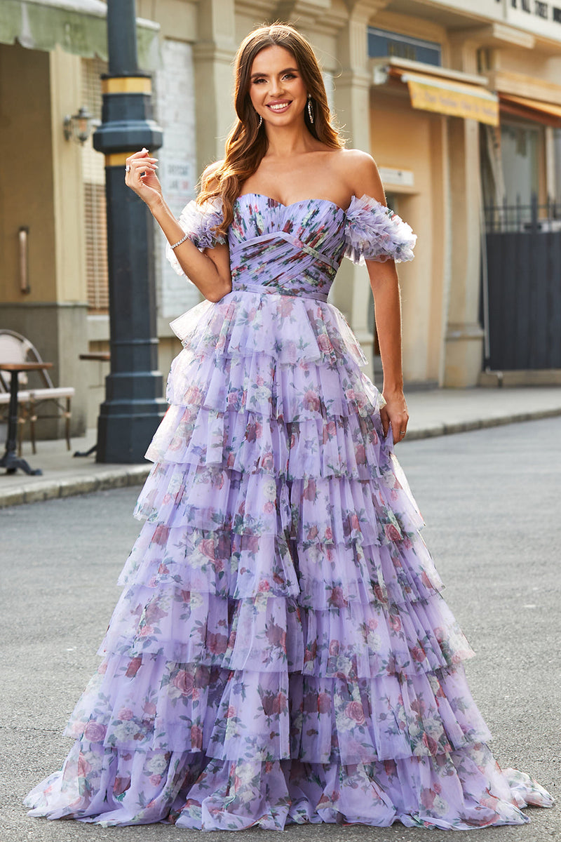 Load image into Gallery viewer, Removable Sleeves Purple Print Tiered Formal Dress with Accessory