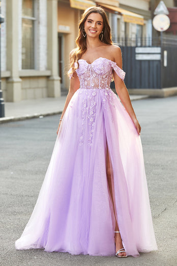 Off the Shoulder Appliques Tulle Corset Formal Dress with Accessory