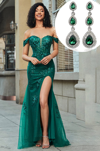 Dark Green Off the Shoulder Appliques Tulle Formal Dress with Accessory