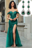 Dark Green Off the Shoulder Appliques Tulle Formal Dress with Accessory