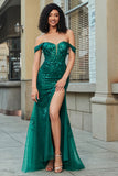 Dark Green Off the Shoulder Appliques Tulle Formal Dress with Accessory