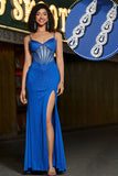 Beading Royal Blue Mermaid Glitter Corset Formal Dress with Accessory