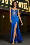 Beading Royal Blue Mermaid Glitter Corset Formal Dress with Accessory