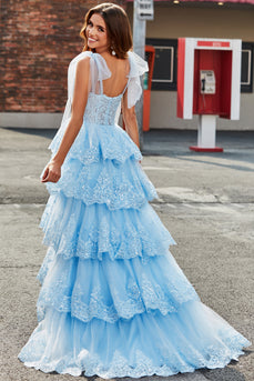 Tiered Tulle Sweetheart Bow Tie Straps Sequin Formal Dress with Accessory