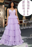 Purple Princess A Line Tiered Corset Formal Dress with Accessory