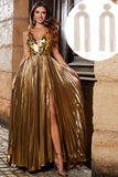 Stunning A Line V-Neck Golden Long Formal Dress with Accessory