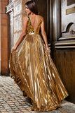 Stunning A Line V-Neck Golden Long Formal Dress with Accessory