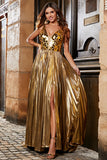 Stunning A Line V-Neck Golden Long Formal Dress with Accessory