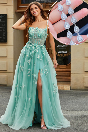A Line Green Appliques Long Formal Dress with Accessory