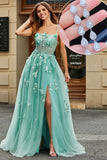 A Line Green Appliques Long Formal Dress with Accessory