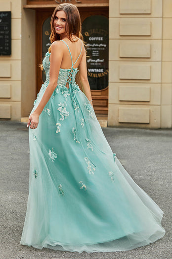 A Line Green Appliques Long Formal Dress with Accessory