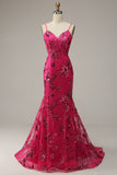 Hot Pink Sequins Print Mermaid Formal Dress