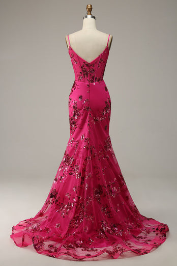 Hot Pink Sequins Print Mermaid Formal Dress