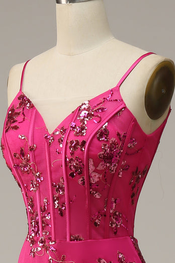 Hot Pink Sequins Print Mermaid Formal Dress