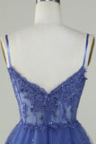 Cute A Line Spaghetti Straps Dark Blue Sparkly Corset Short Formal Dress