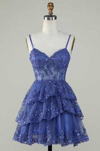 Cute A Line Spaghetti Straps Dark Blue Sparkly Corset Short Formal Dress