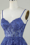 Cute A Line Spaghetti Straps Dark Blue Sparkly Corset Short Formal Dress