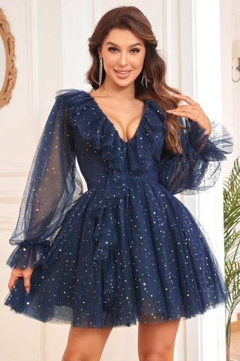 A Line V Neck Navy Short Formal Dress with Long Sleeves
