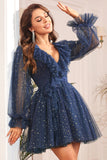 A Line V Neck Navy Short Formal Dress with Long Sleeves