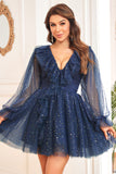 A Line V Neck Navy Short Formal Dress with Long Sleeves