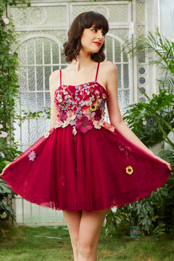 Burgundy A Line Spaghetti Straps Short Formal Dress With 3D Flowers