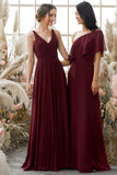 Burgundy V Neck Chiffon Bridesmaid Dress