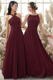 Burgundy Halter Chiffon Bridesmaid Dress