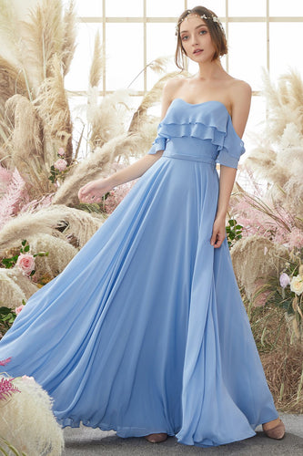 Off The Shoulder Blue Chiffon Bridesmaid Dress
