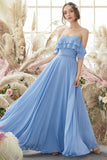 Off The Shoulder Blue Chiffon Bridesmaid Dress