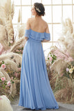 Off The Shoulder Blue Chiffon Bridesmaid Dress