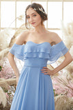 Off The Shoulder Blue Chiffon Bridesmaid Dress