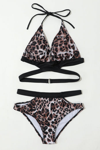 Lace Up Brown Leopard Swimsuit