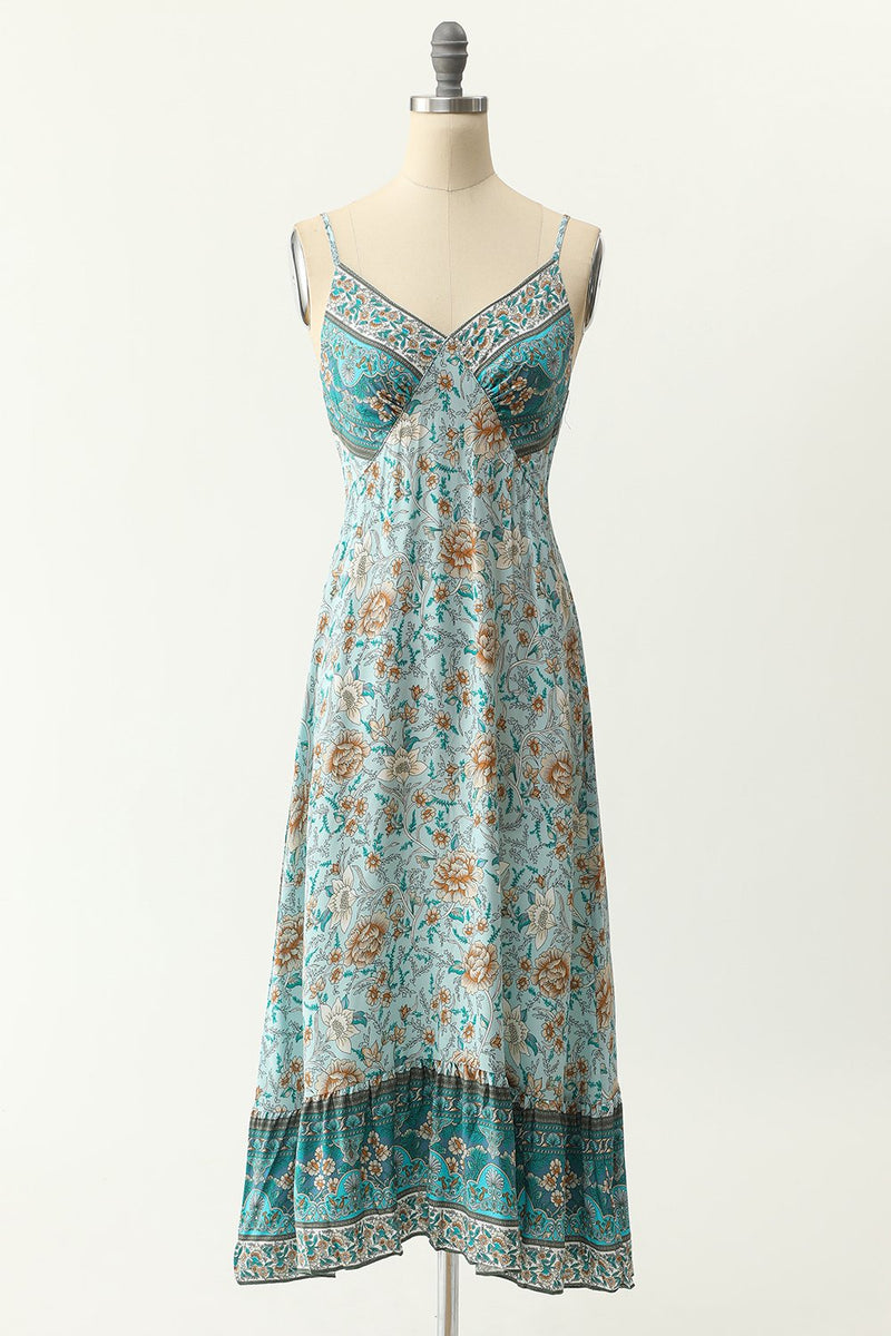 Load image into Gallery viewer, Spaghetti Straps Blue Bohemia Style Dress