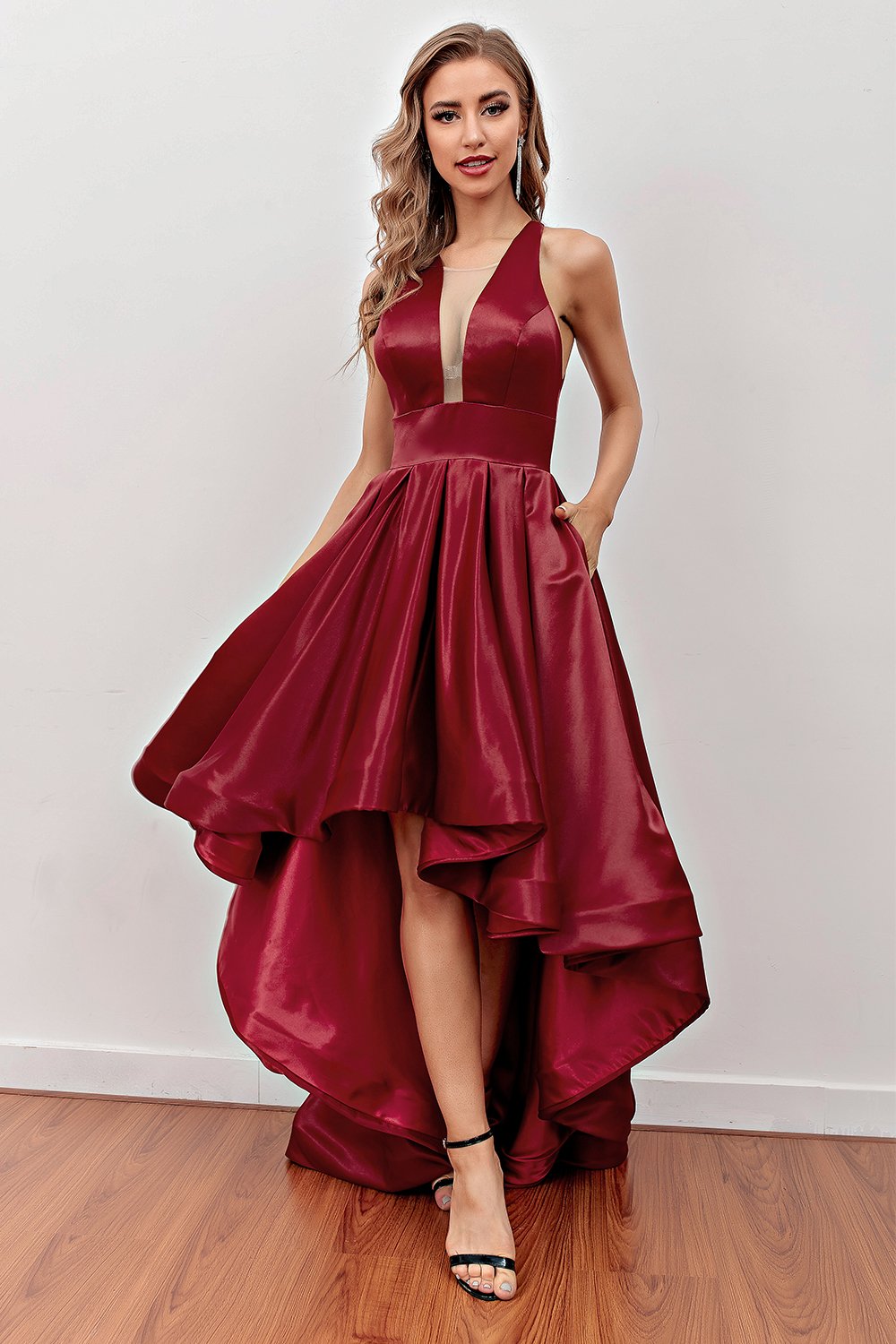 Burgundy High Low Formal Dress with Pockets