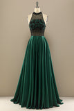 Dark Green Long Beaded Formal Dress With Flowers