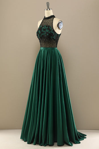 Dark Green Long Beaded Formal Dress With Flowers