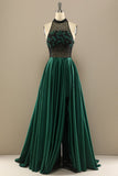 Dark Green Long Beaded Formal Dress With Flowers