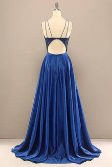 Royal Blue Open Back Long Prom Dress with Sequins