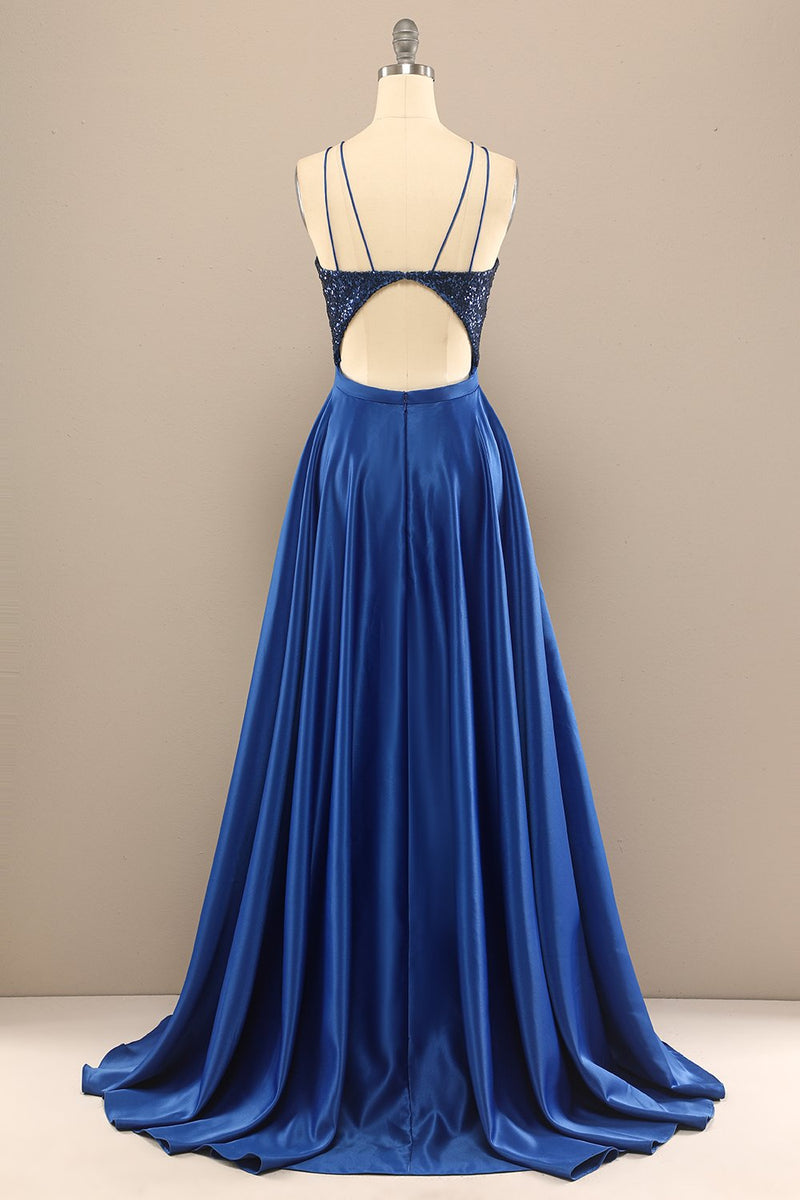 Load image into Gallery viewer, Royal Blue Open Back Long Prom Dress with Sequins