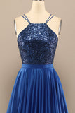 Royal Blue Open Back Long Prom Dress with Sequins