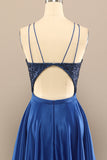 Royal Blue Open Back Long Prom Dress with Sequins