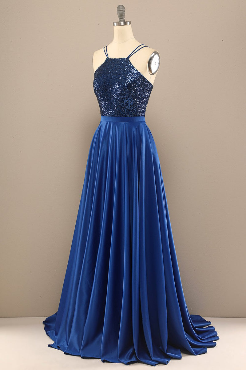 Load image into Gallery viewer, Royal Blue Open Back Long Prom Dress with Sequins