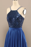 Royal Blue Open Back Long Prom Dress with Sequins