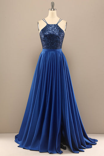 Royal Blue Open Back Long Prom Dress with Sequins