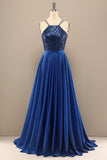 Royal Blue Open Back Long Prom Dress with Sequins