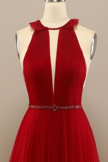 Red Pleated Long Chiffon Formal Dress