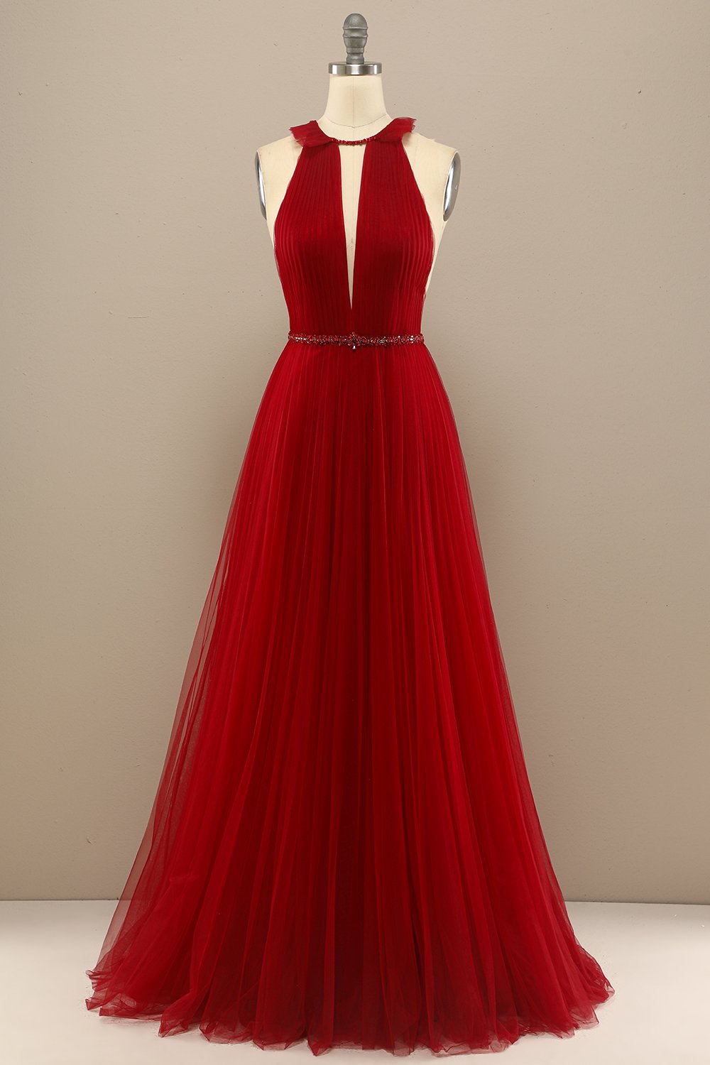 Red Pleated Long Chiffon Formal Dress