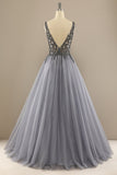 Grey V Neck Long Beaded Prom Dress