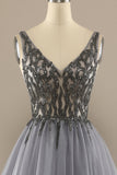 Grey V Neck Long Beaded Prom Dress