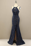 Navy Mermaid Lace Long Prom Dress